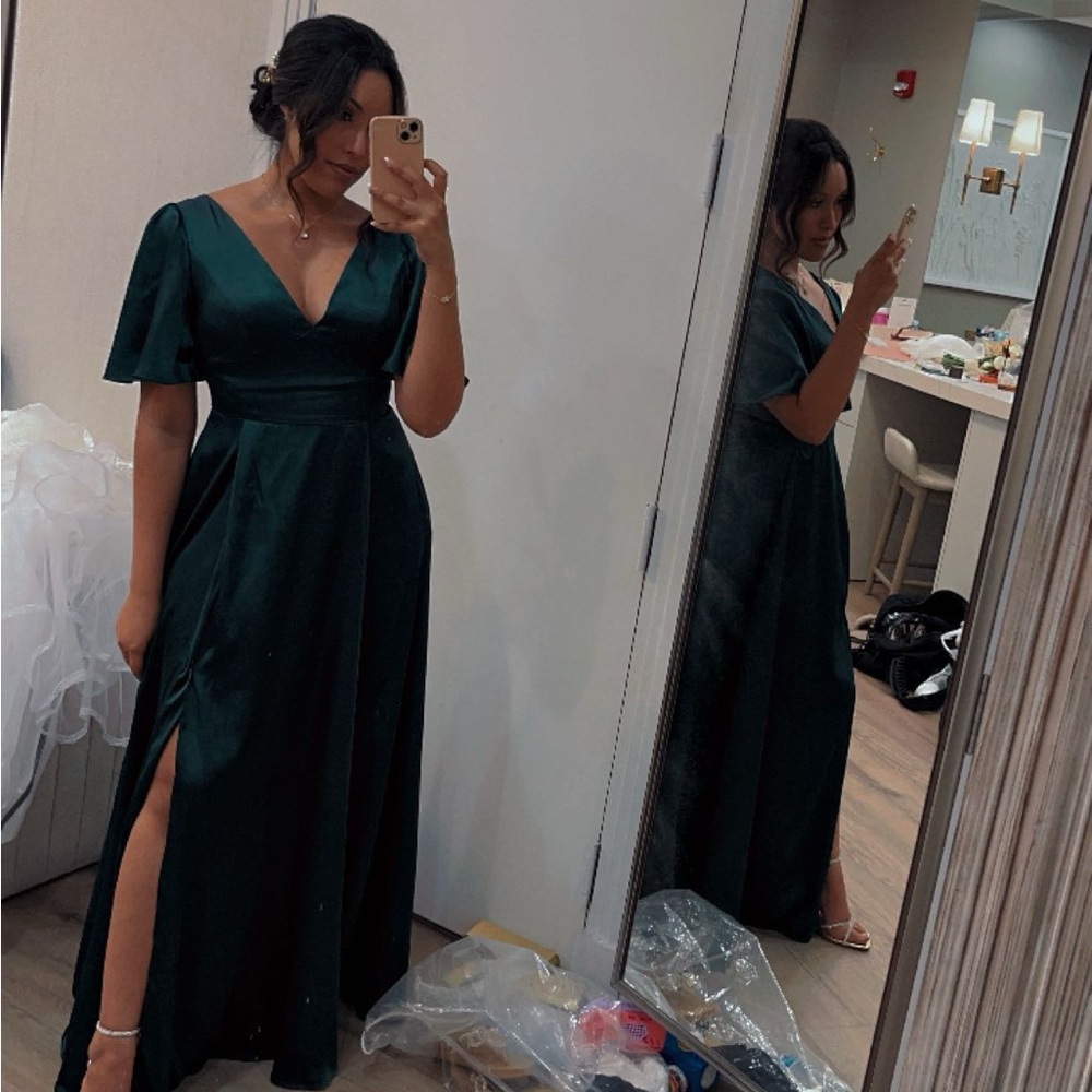 David’s Bridal bridesmaid dress (a line, knee slit)